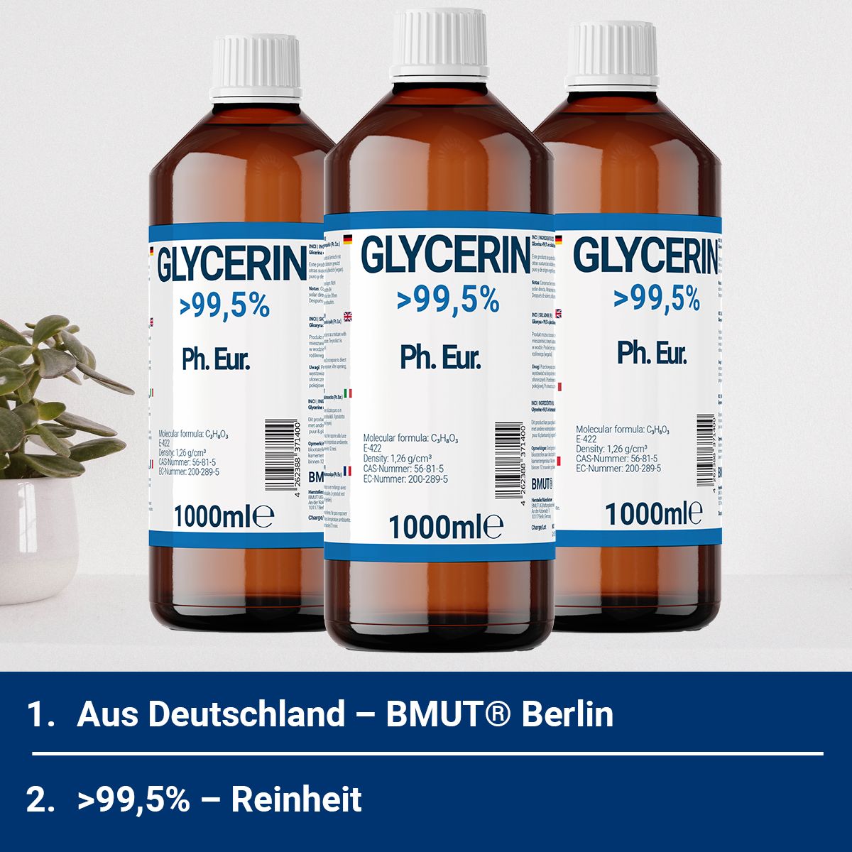 Glicerina Vegetale Pura 1000 Ml (1,25 Kg) - Qualità Farmaceutica 99,5% - E422 - Prodotta In Germania
