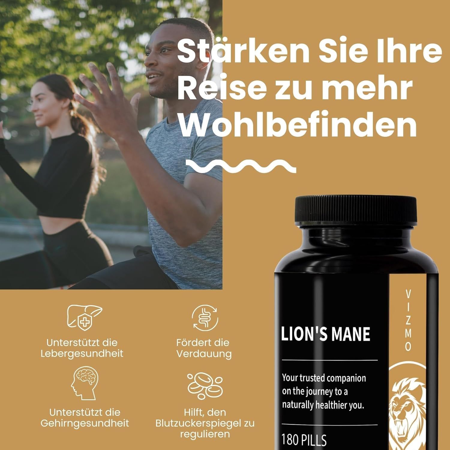 Persone che si allenano. Flacone di capsule Lion's Mane. Logo Vizmo. Supporta fegato, cervello, digestione, glicemia. 180 pillole.