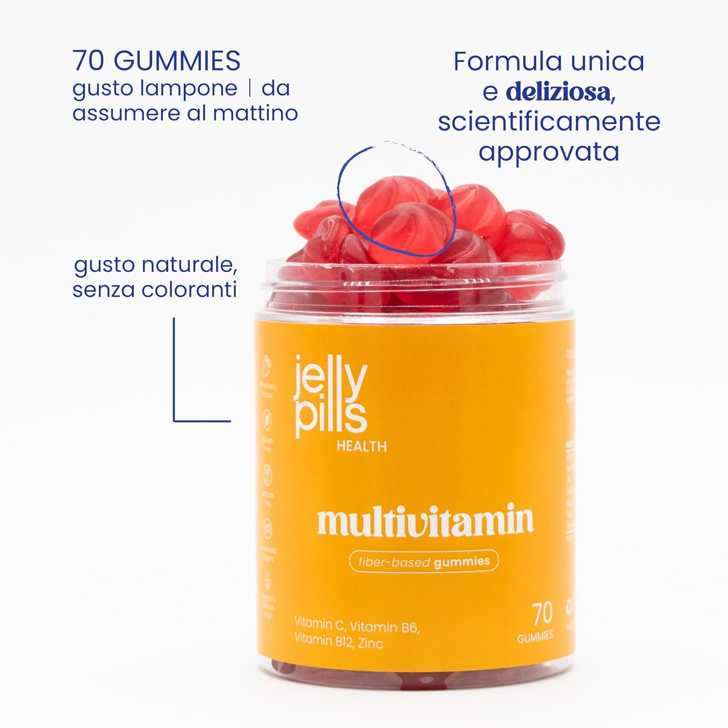 Jelly Pills Multivitamin-Gummies. 70 caramelle gommose. Gusto naturale, senza coloranti. Scientificamente approvato.