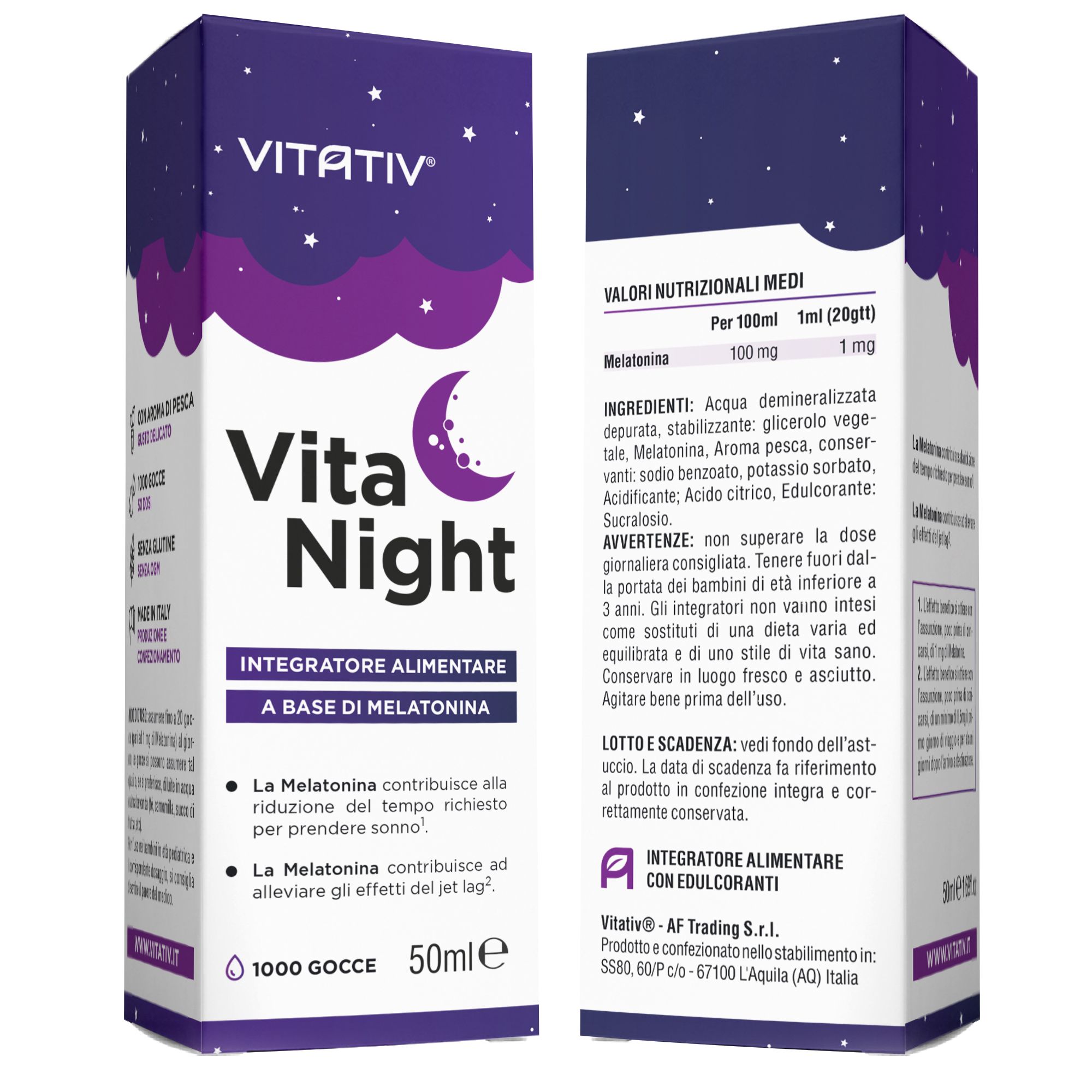 Confezione del prodotto. Testo: Vita Night, melatonina. 1000 gocce, 50 ml. Ingredienti, istruzioni per l'uso.