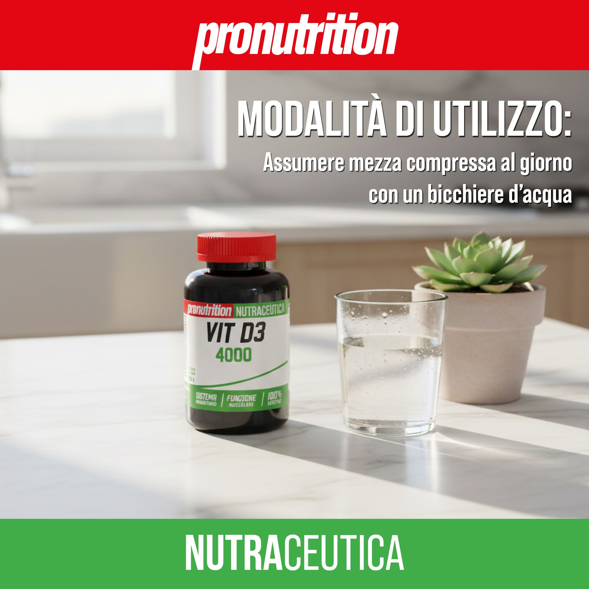 Flacone marrone con tappo rosso. Scritta Vit D3 4000. Bicchiere d'acqua e vaso con pianta.