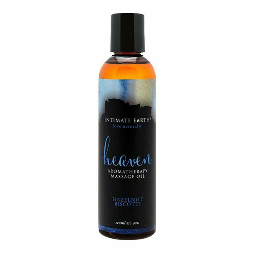 Flacone marrone con tappo nero. Etichetta con "Intimate Earth Heaven", "Aromatherapy Massage Oil" e "Hazelnut Biscotti".