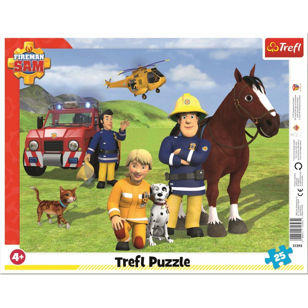 Puzzle con tema Fireman Sam, 25 pezzi. Per bambini dai 4 anni in su. Logo Trefl. Immagine di pompieri, animali e veicoli.