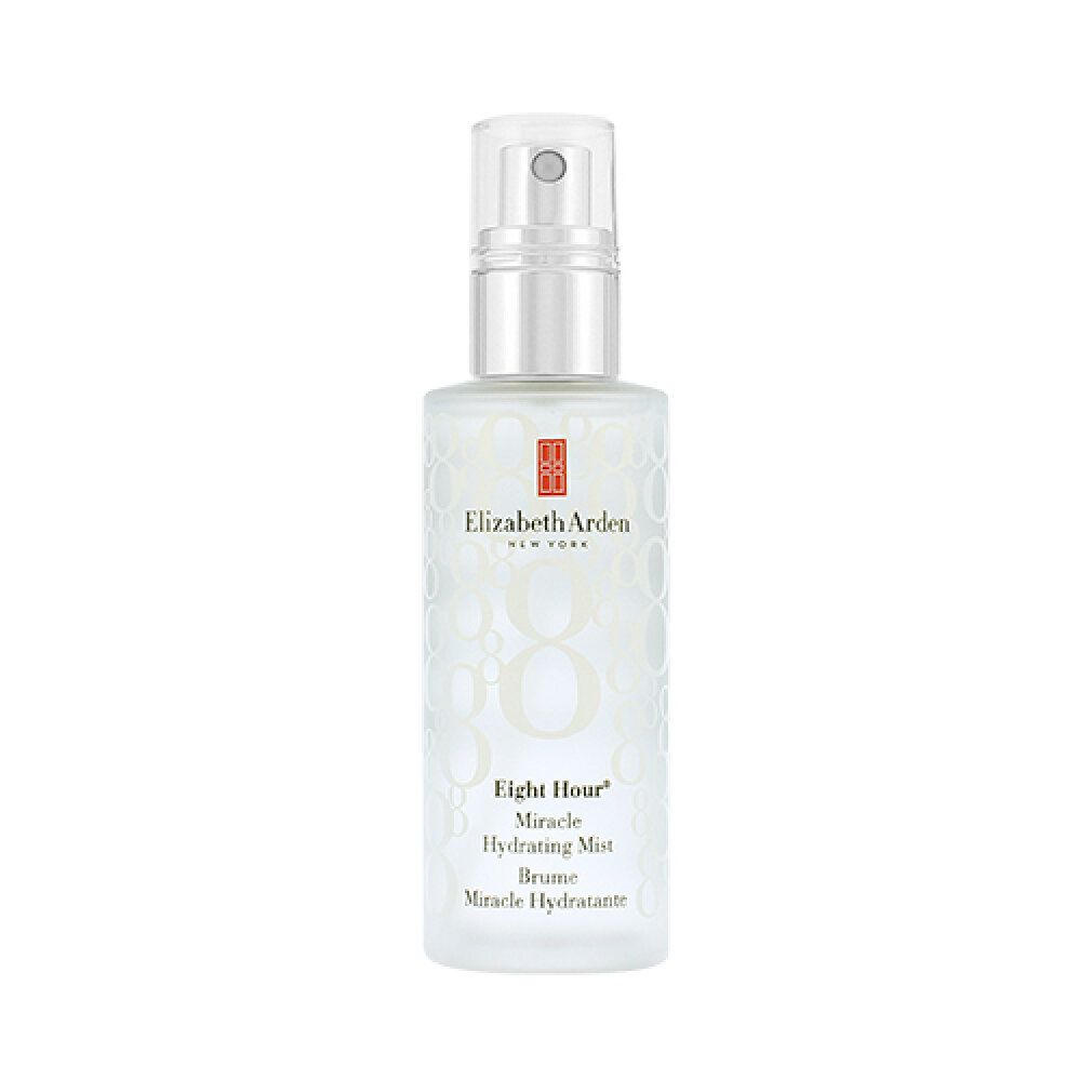 Flacone spray. Scritta: Elizabeth Arden, Eight Hour Miracle Hydrating Mist. Flacone bianco, tappo argento.