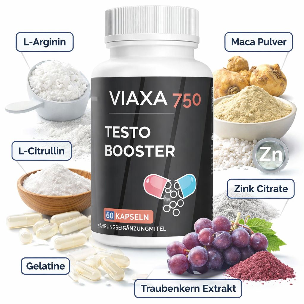 Flacone Viaxa 750 Testo Booster con ingredienti come L-Arginina, Maca in polvere e citrato di zinco.