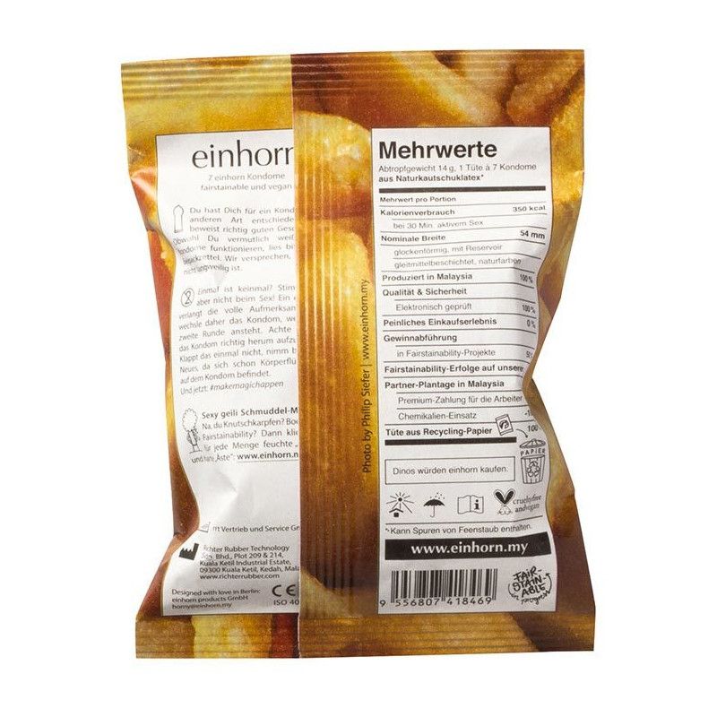 Confezione di preservativi. Retro con testo e informazioni nutrizionali. Contiene 14g, 1 tubo e 7 preservativi.