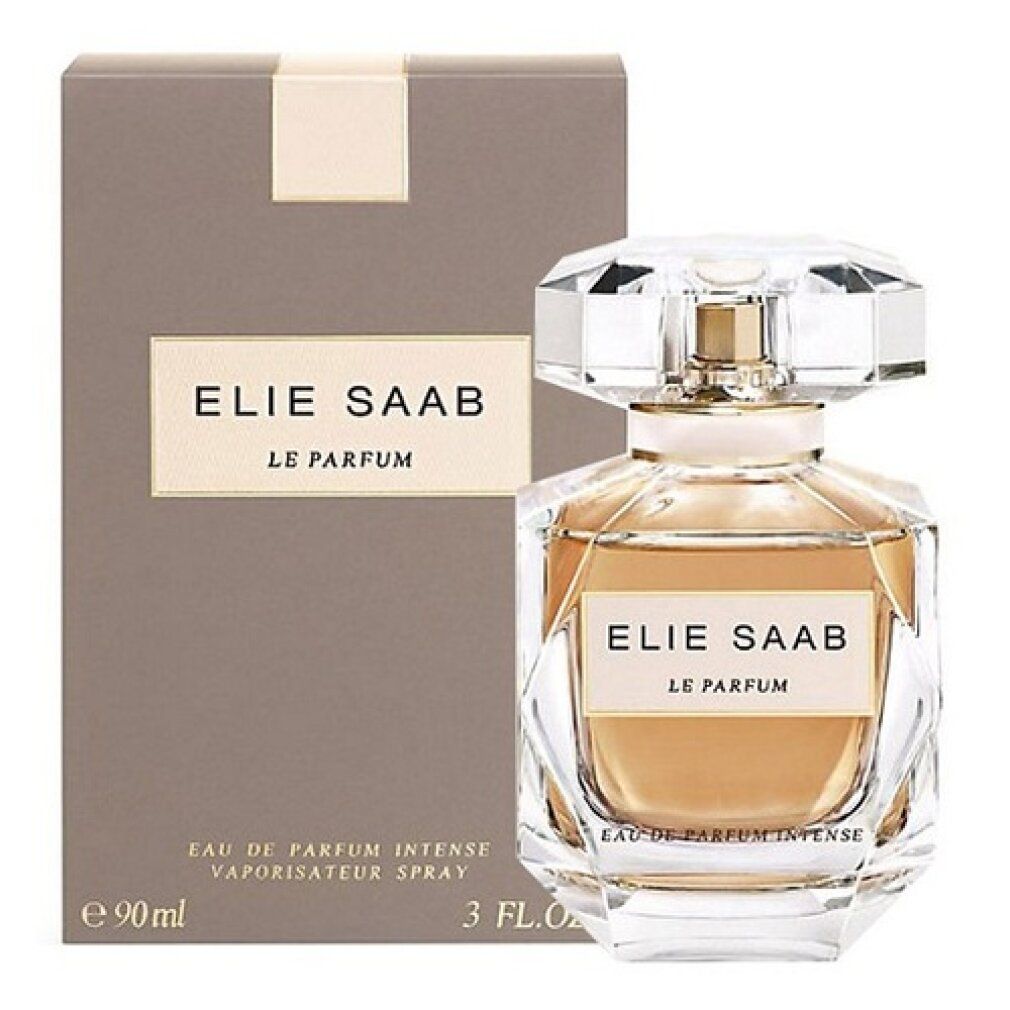 Confezione grigia accanto a un flacone di profumo. Scritta: ELIE SAAB LE PARFUM. Flacone: trasparente, angolare, con tappo dorato.