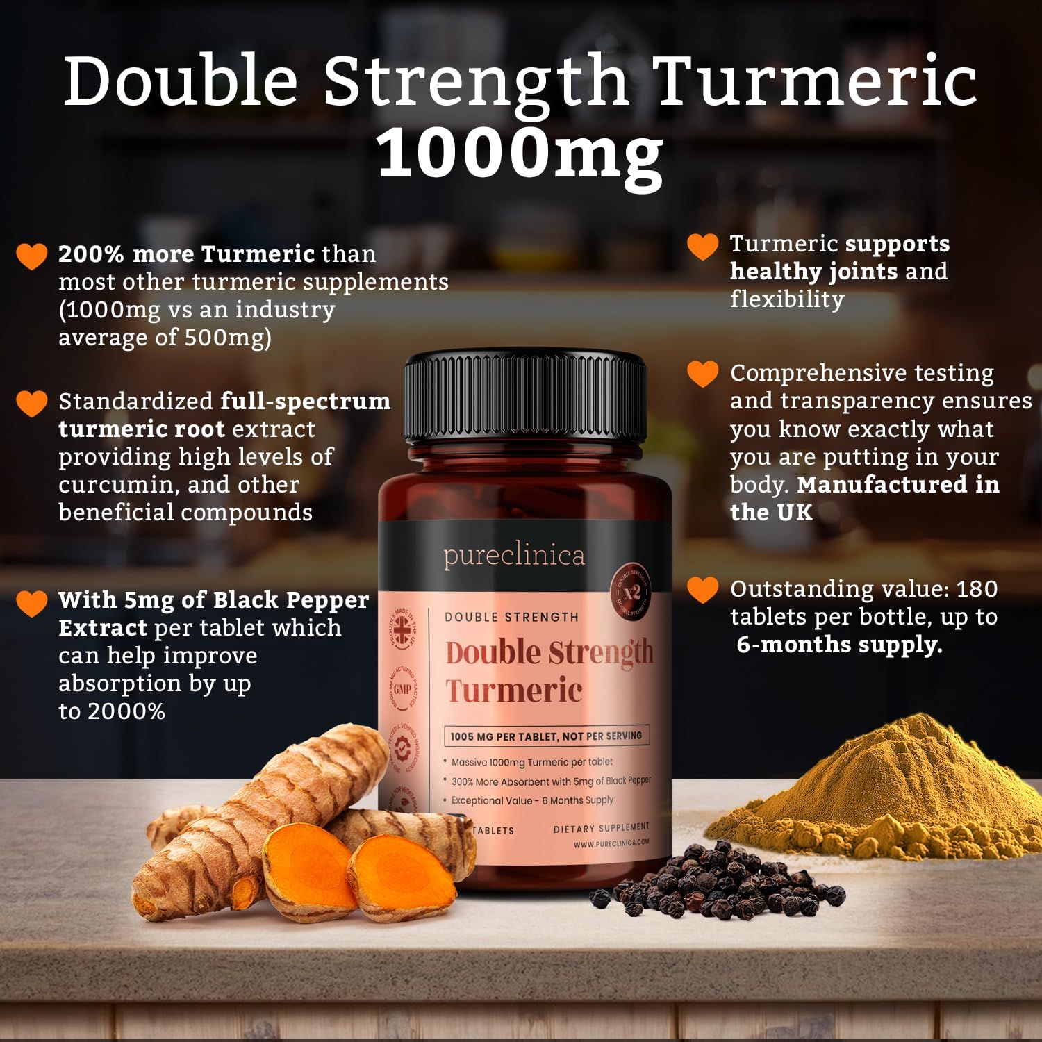 Flacone marrone di compresse. Scritta: Double Strength Turmeric. Accanto curcuma, grani di pepe e polvere.