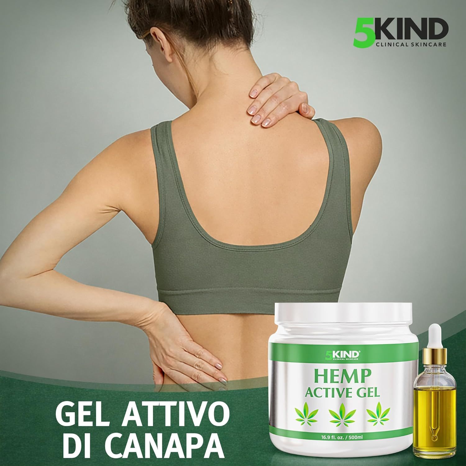Donna che si tocca il collo. Scritta: GEL ACTIVO DI CANAPA. Simbolo foglie di canapa. 16.9 fl. oz. / 500ml. Flacone contagocce.