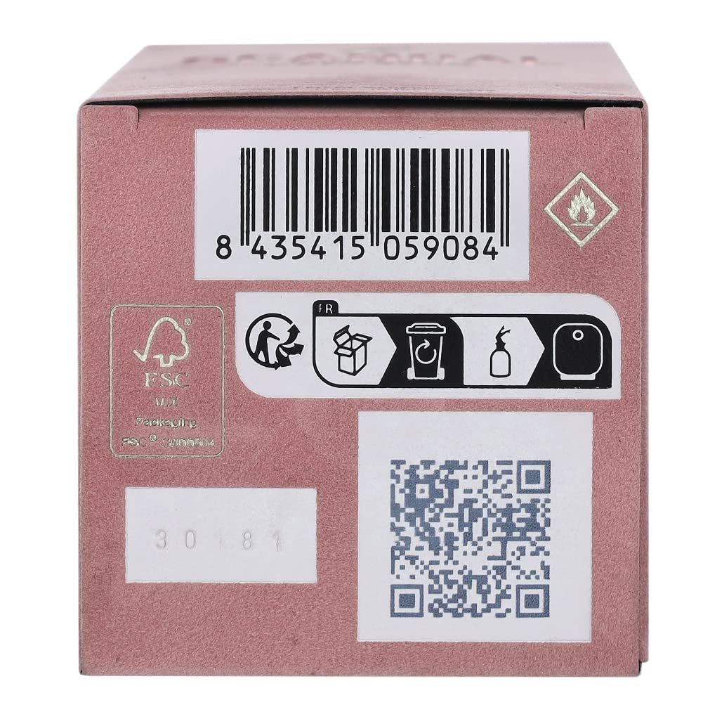 Retro della scatola rosa. Codice a barre, pittogrammi, codice QR e testo.