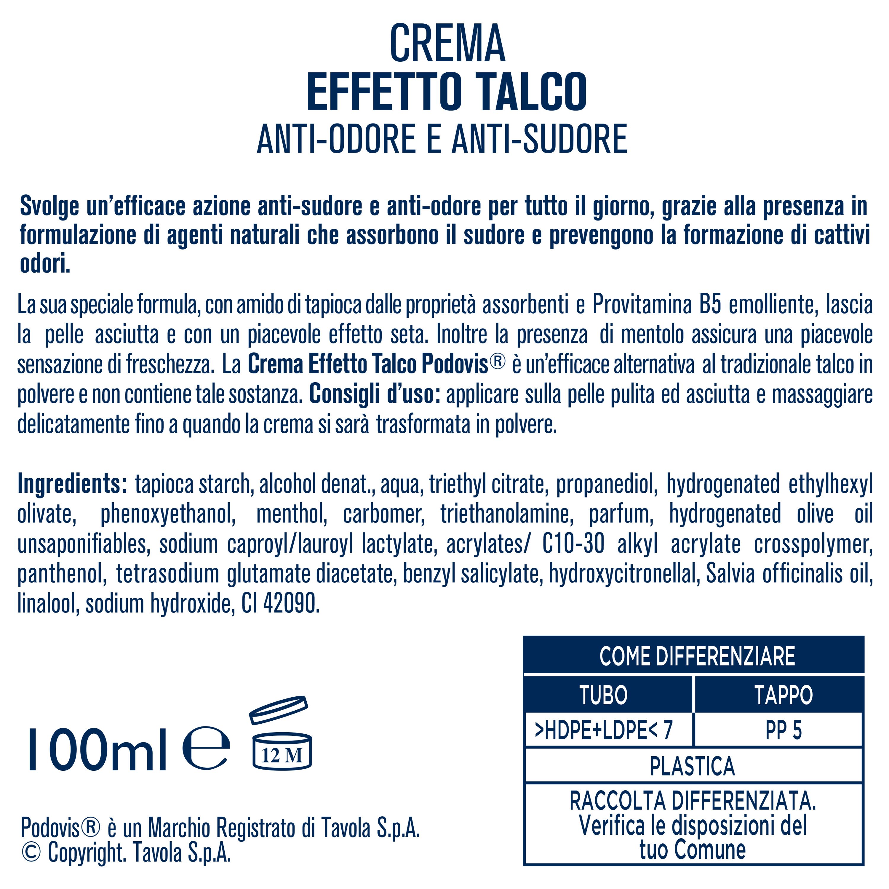 Podovis Crema Effetto Talco – Deodorante Piedi, Assorbe Sudore, 100 ml