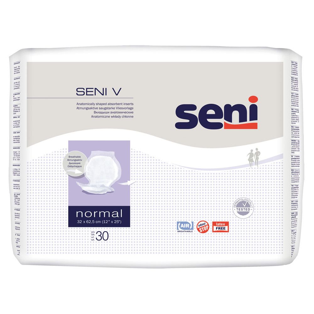 Confezione di inserti Seni V Normal. Marchio Seni, nome prodotto, quantità 30, dimensioni.