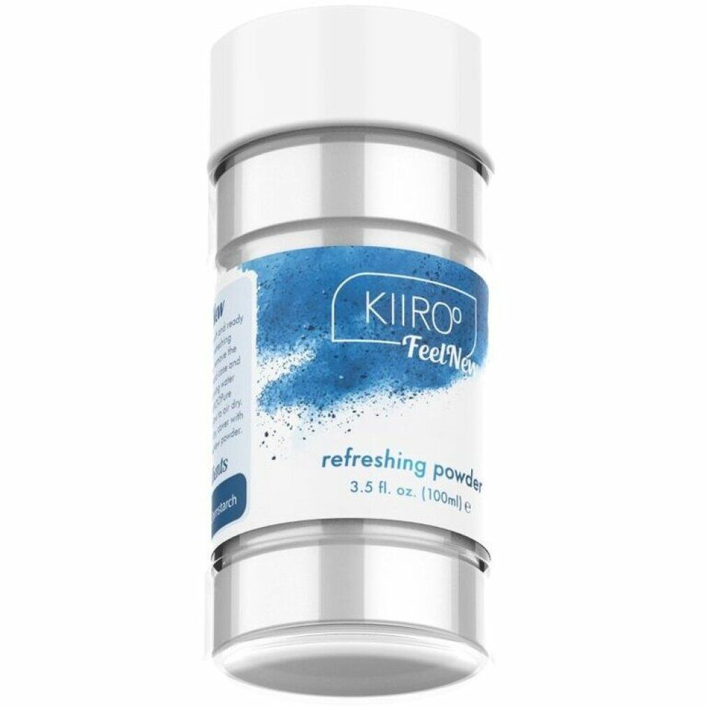 Flacone trasparente con etichetta blu e tappo bianco. Scritta: Kiiroo FeelNew, refreshing powder. Peso netto 3.5 fl. oz. (100ml) e.