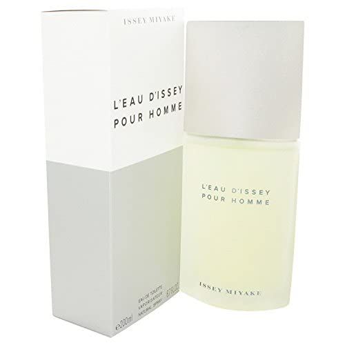 Flacone e scatola bianchi. Scritta: Issey Miyake, L'Eau d'Issey pour Homme. Liquido giallastro.