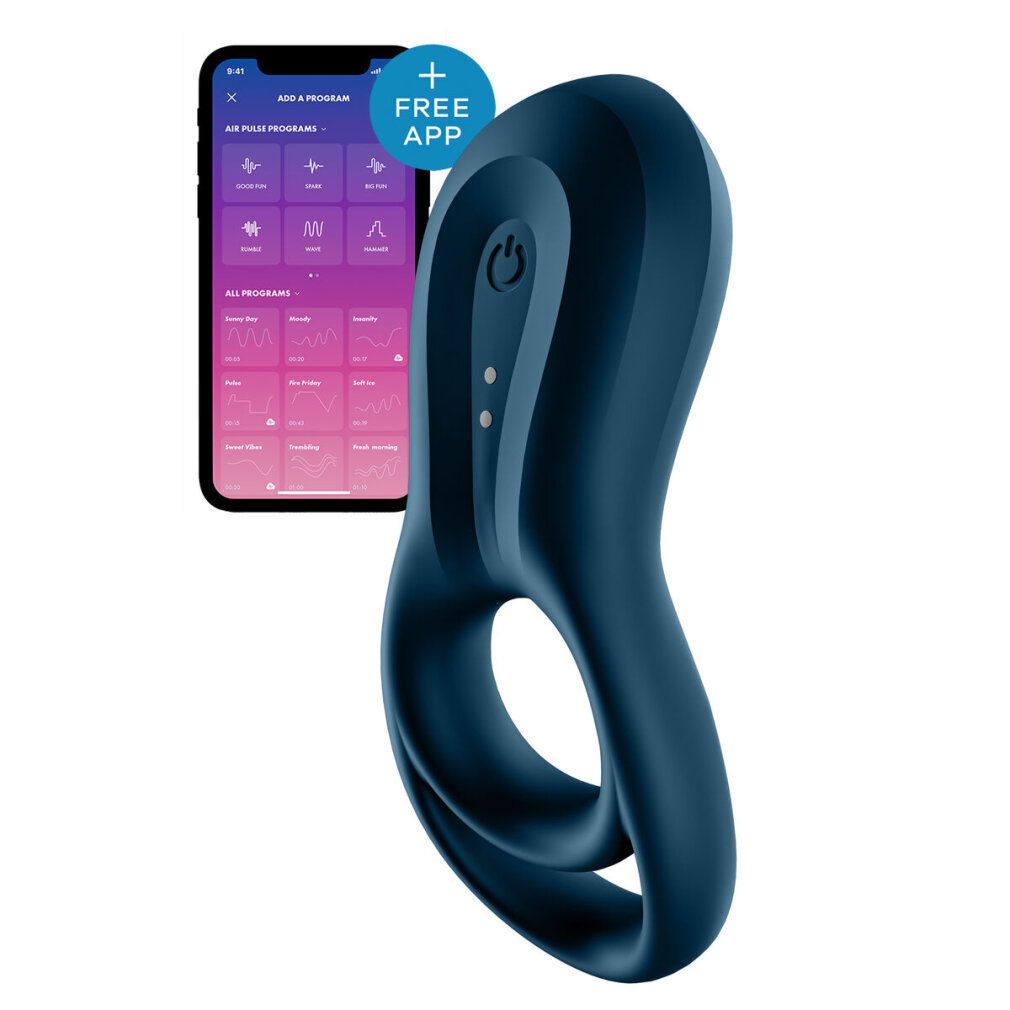 Vibratore ad anello blu con smartphone. L'app sullo smartphone mostra i programmi. Il vibratore ha un pulsante di accensione e due LED.