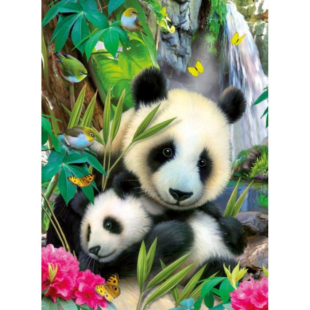 Motivo puzzle con panda, uccelli e farfalle. Marchio Ravensburger. 300 pezzi.