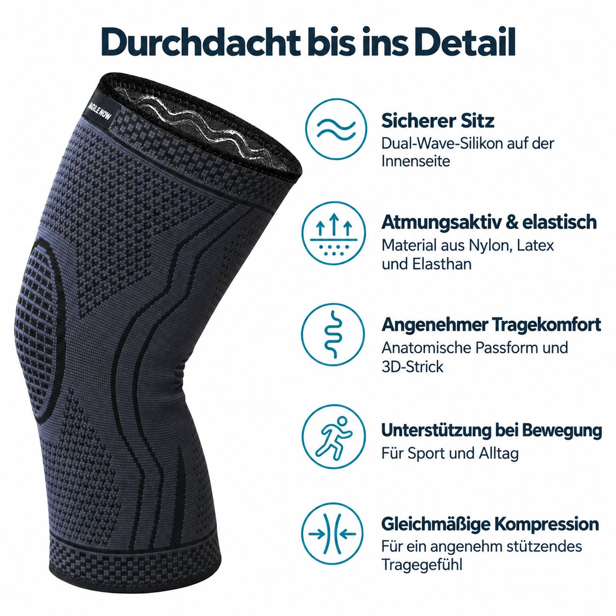 Ginocchiera AGILE NOW Performance Up: traspirante, elastica, maglia 3D, con interno in silicone per una tenuta sicura.