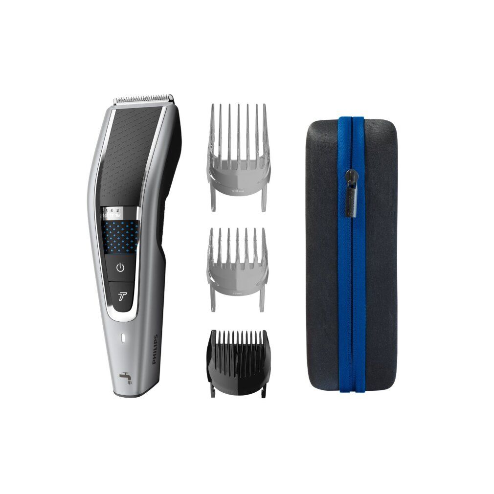 Philips Series 5000 con accessori: 3 pettini, custodia. Corpo grigio, dettagli neri.