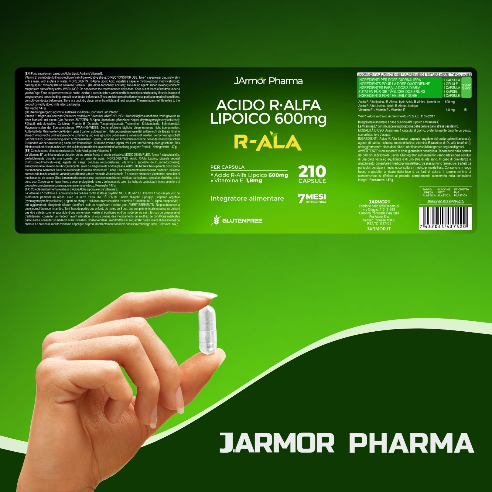 Mano tiene capsula davanti a barattolo Acido R-Alfa Lipoico 600mg, R-ALA, 210 capsule, scorta 7 mesi.