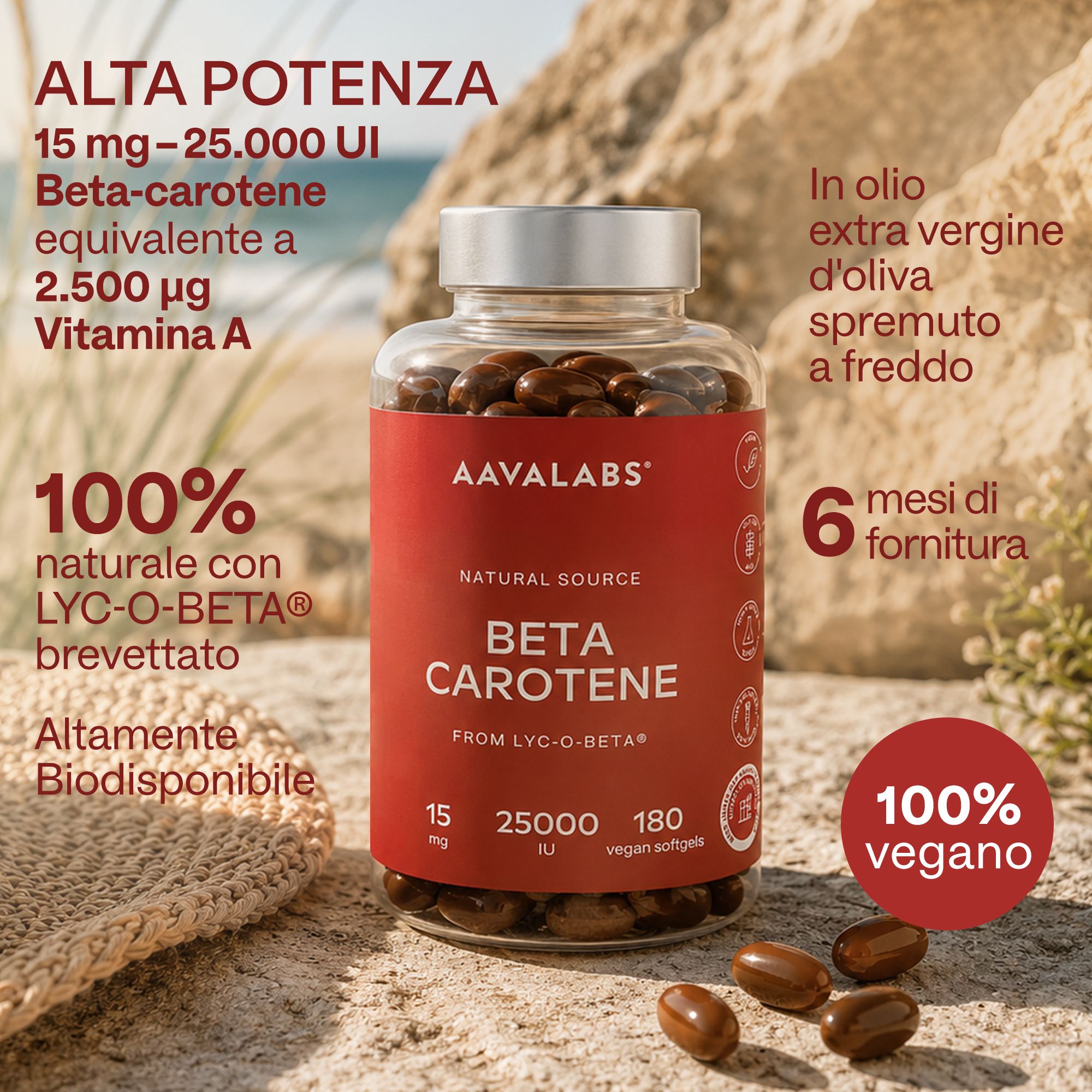 Flacone Aavalabs Beta Carotene sulla spiaggia. 15 mg, 25.000 UI, 100% vegano.