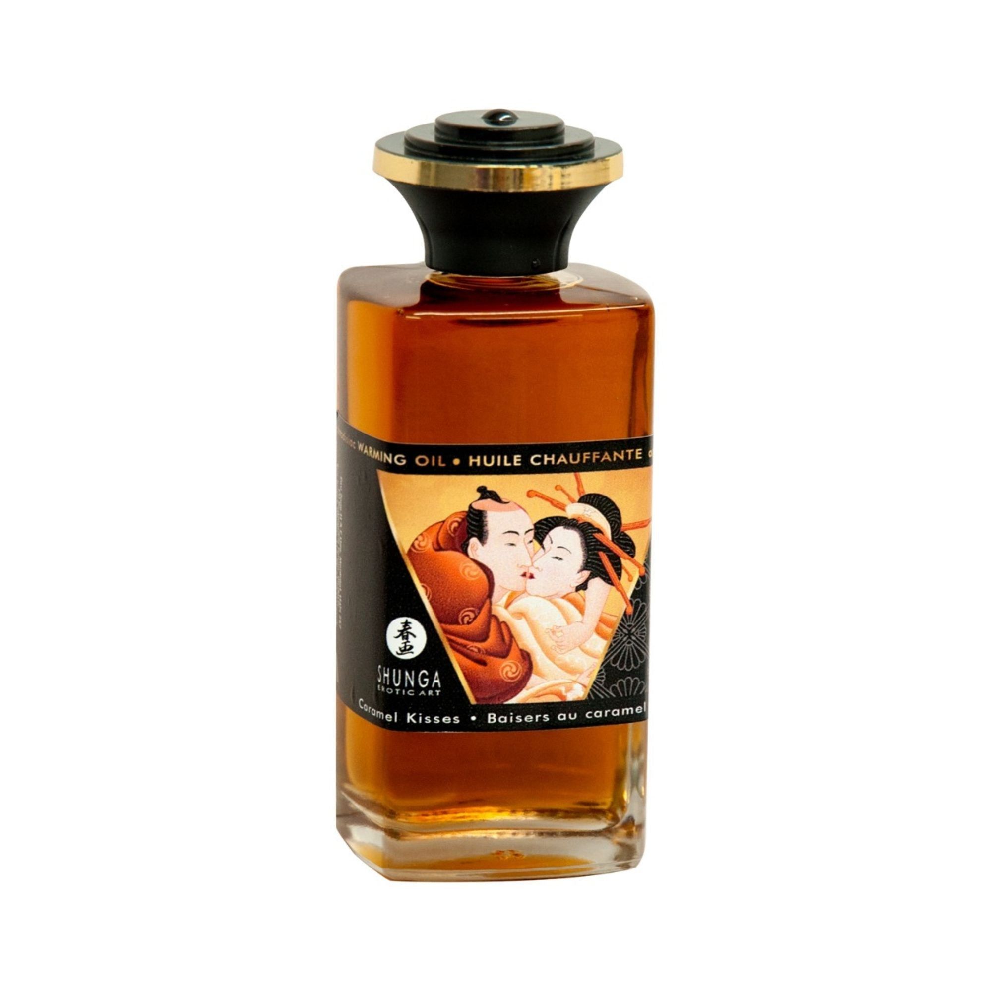 Olio marrone in bottiglia di vetro con tappo nero. Etichetta con illustrazione e testo. Marchio: Shunga.