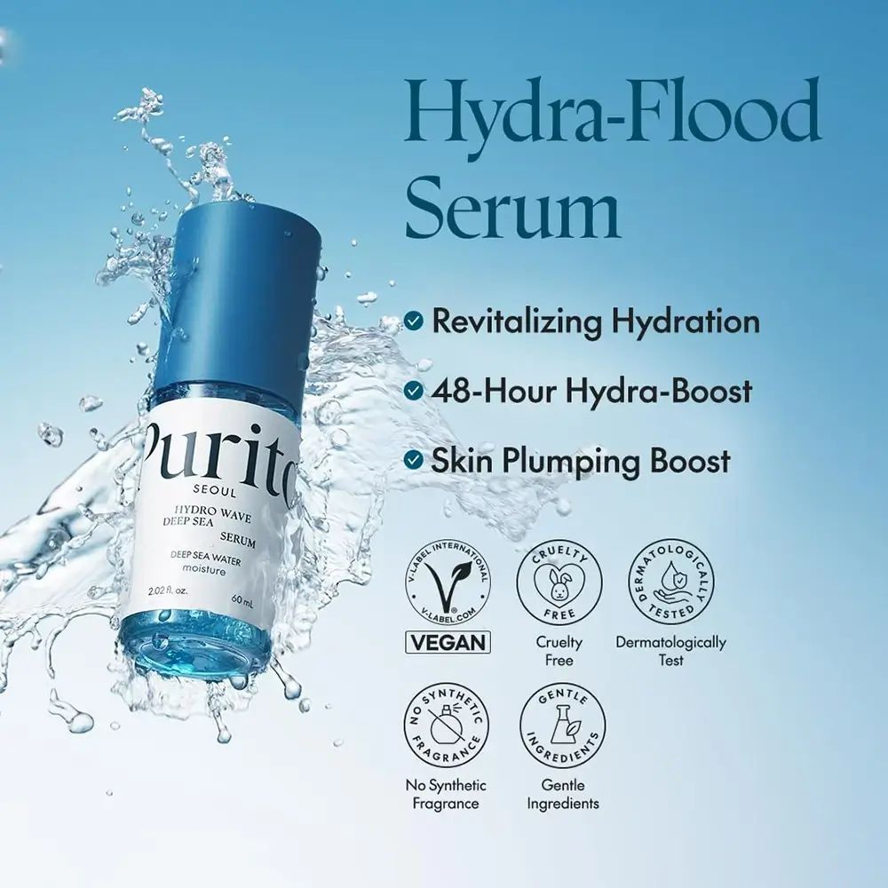 Flacone blu e bianco con tappo blu. Scritta: Purito Seoul, Hydro Wave Deep Sea Serum. Testo: Hydra-Flood Serum.