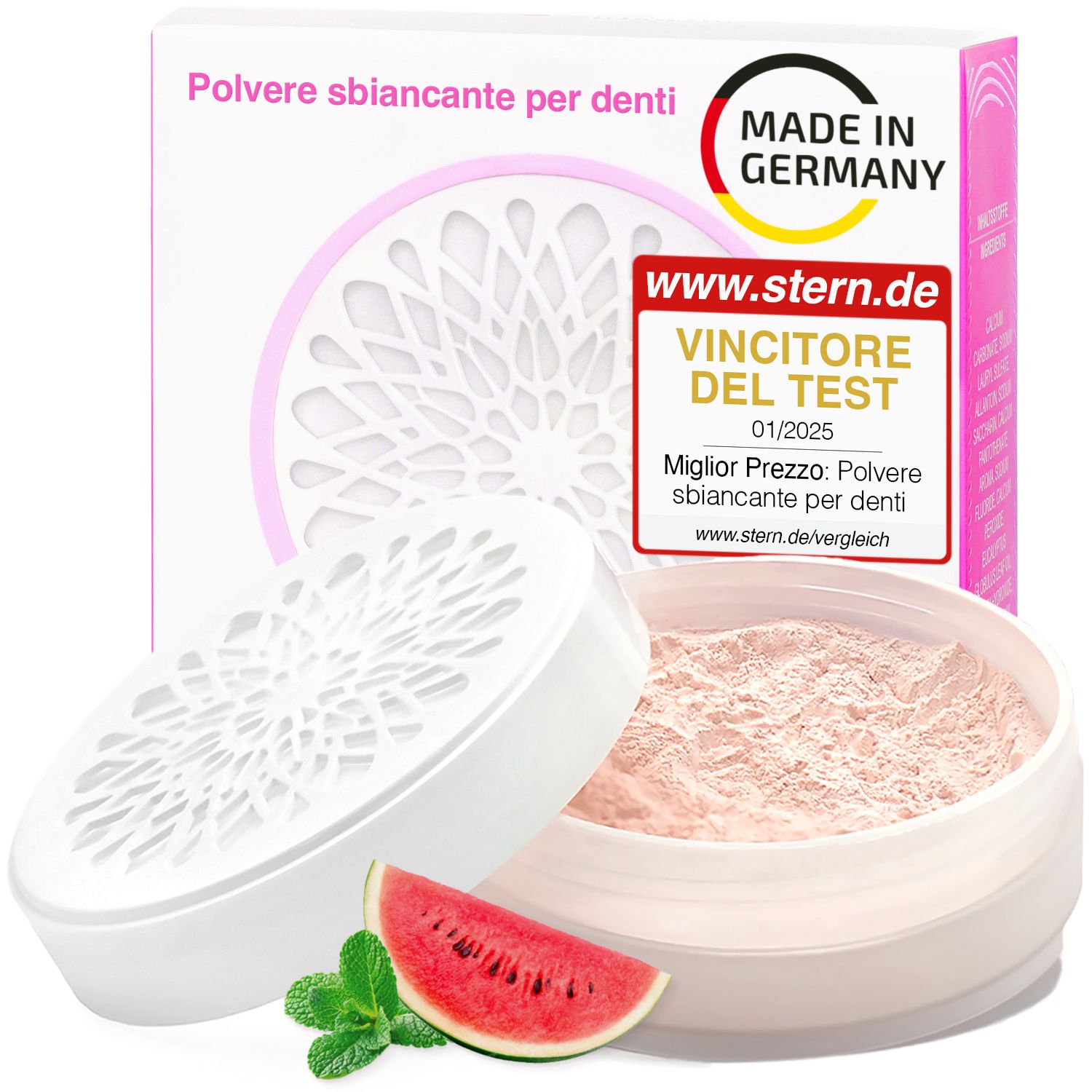 Polvere sbiancante per denti in barattolo e confezione. Con certificati e Made in Germany.