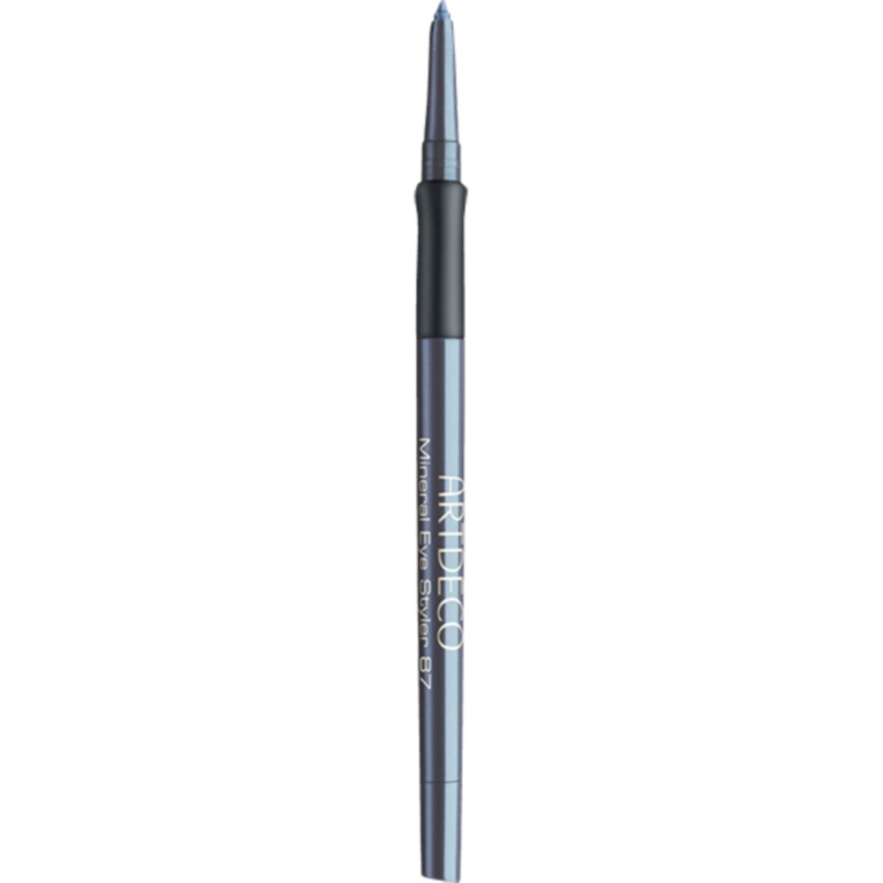 Artdeco Mineral Eye Styler. Matita blu con impugnatura nera. Punta e nome del prodotto visibili. Vista verticale.