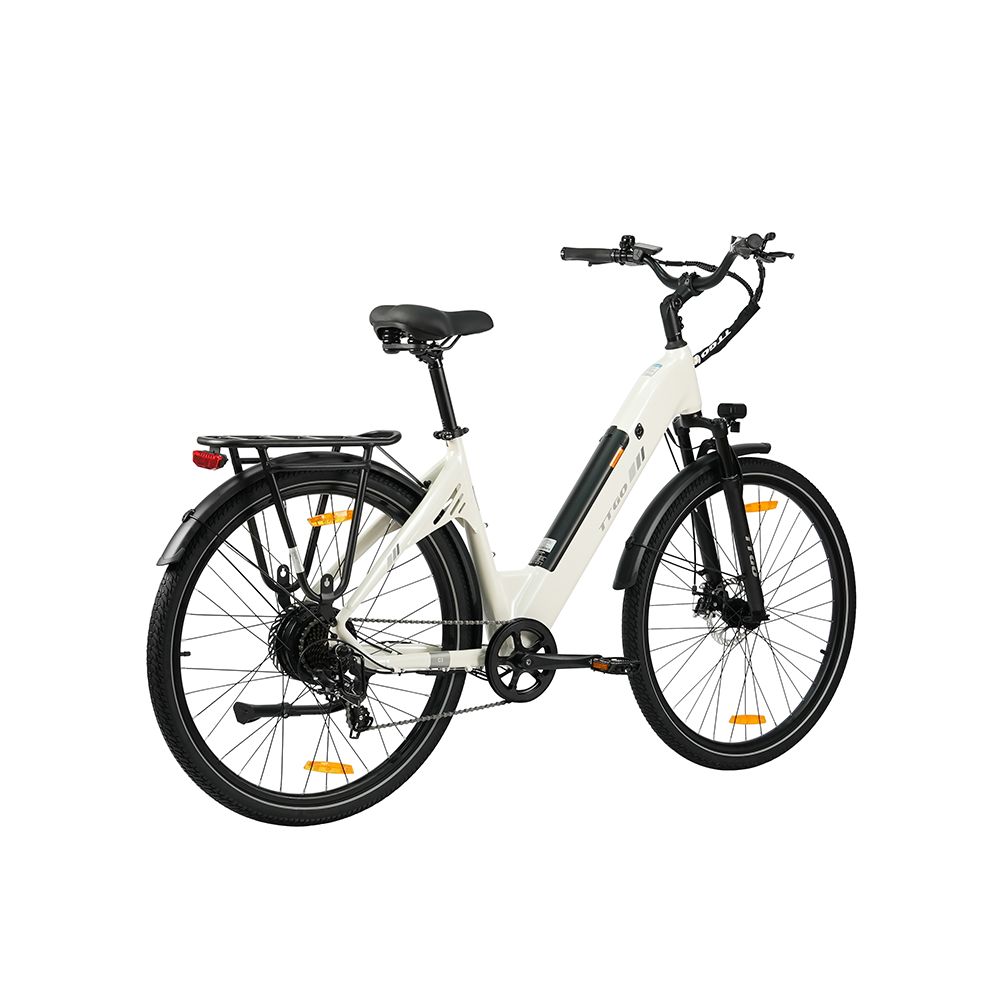 Bicicletta elettrica bianca con pneumatici neri e portapacchi. Marchio visibile: TTGO.