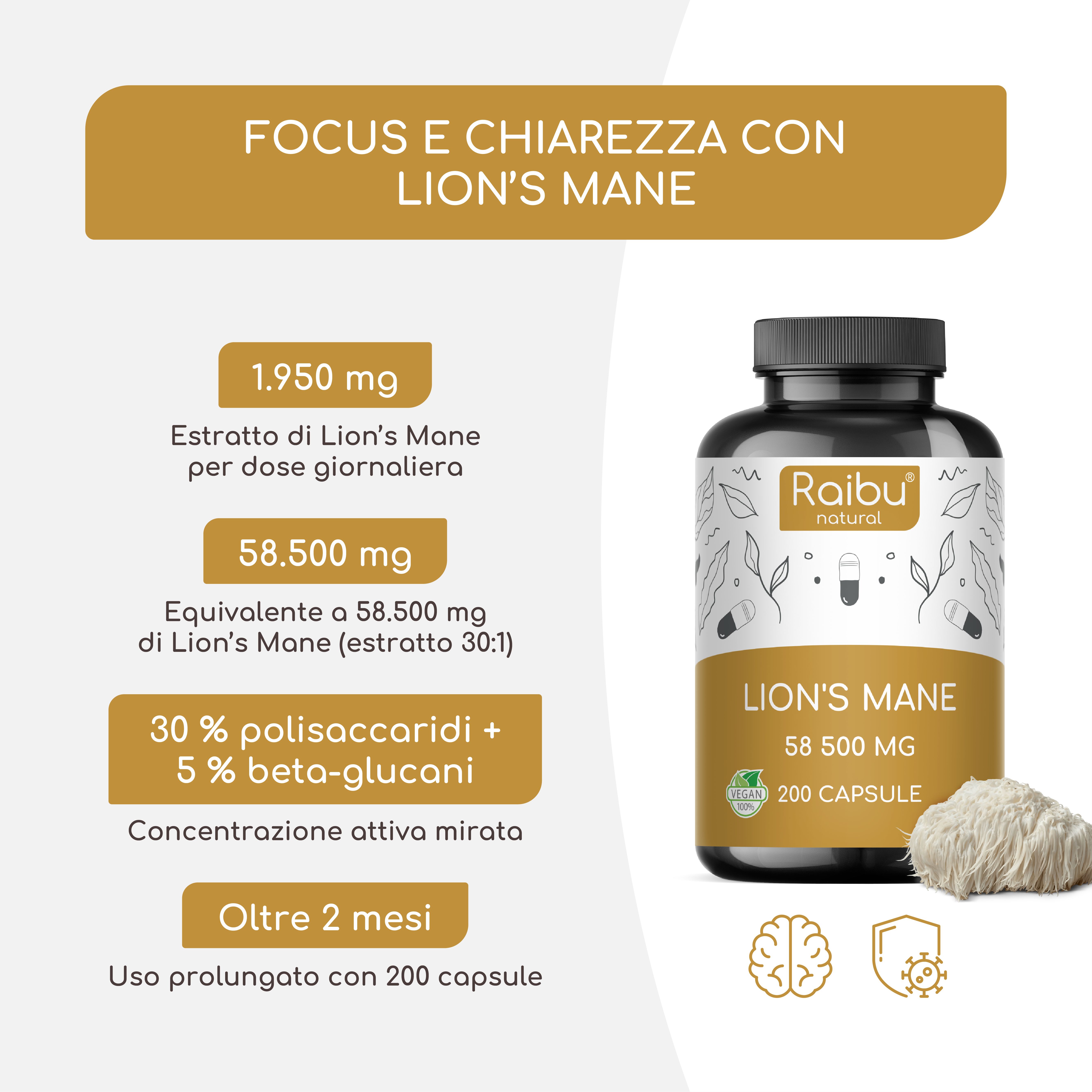 Bottiglia e testo: Focus e chiarezza con Lion's Mane. 1.950 mg di estratto. 58.500 mg di criniera di leone. 200 capsule.