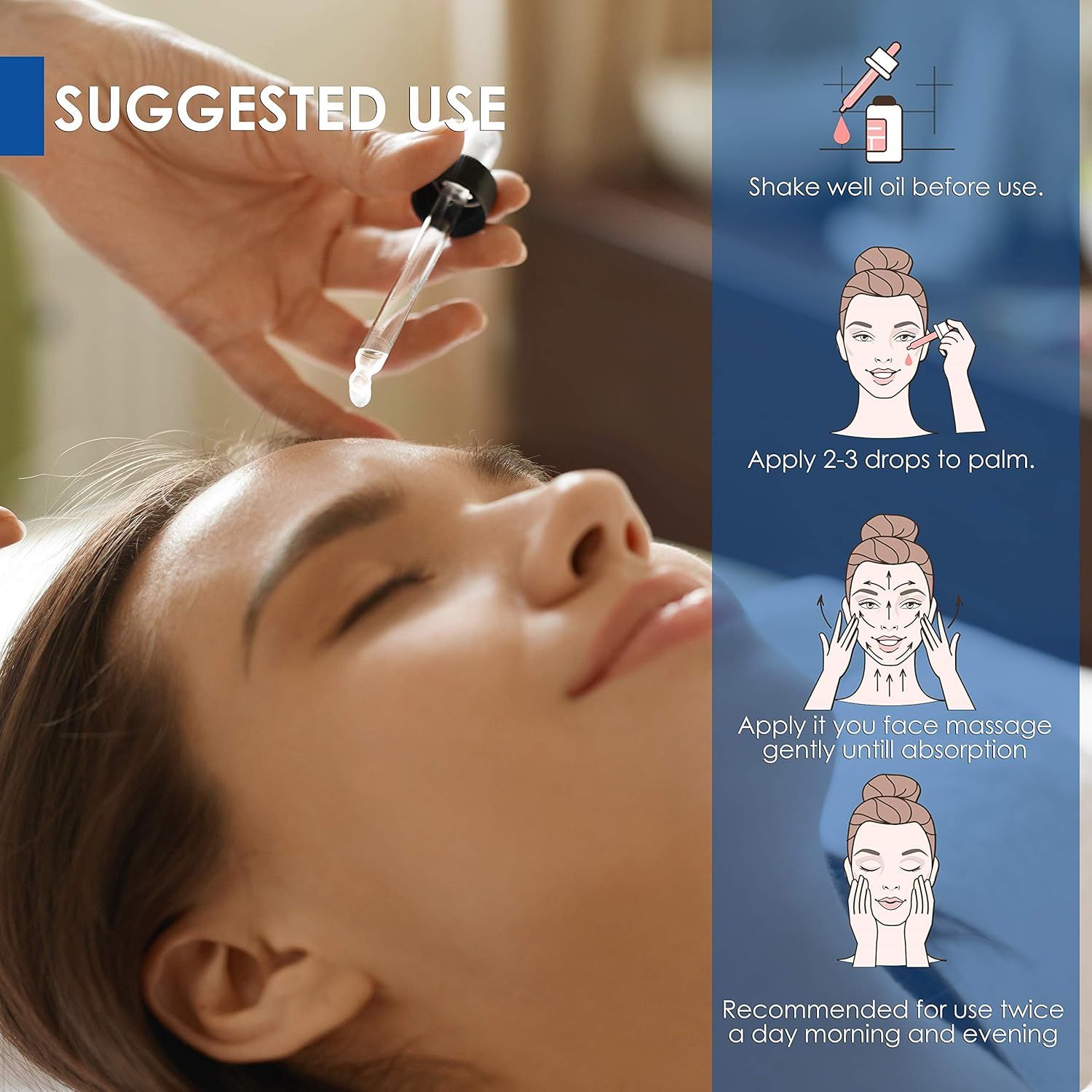 Donna riceve siero al retinolo con contagocce. Istruzioni: Agitare prima dell'uso, applicare 2-3 gocce sul palmo, massaggiare delicatamente, usare due volte al giorno.