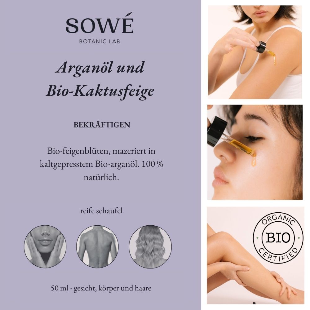 Descrizione prodotto con testo: "SOWÉ Botanic Lab", "Arganöl und Bio-Kaktusfeige". Certificazione Bio. Immagini: applicazione.