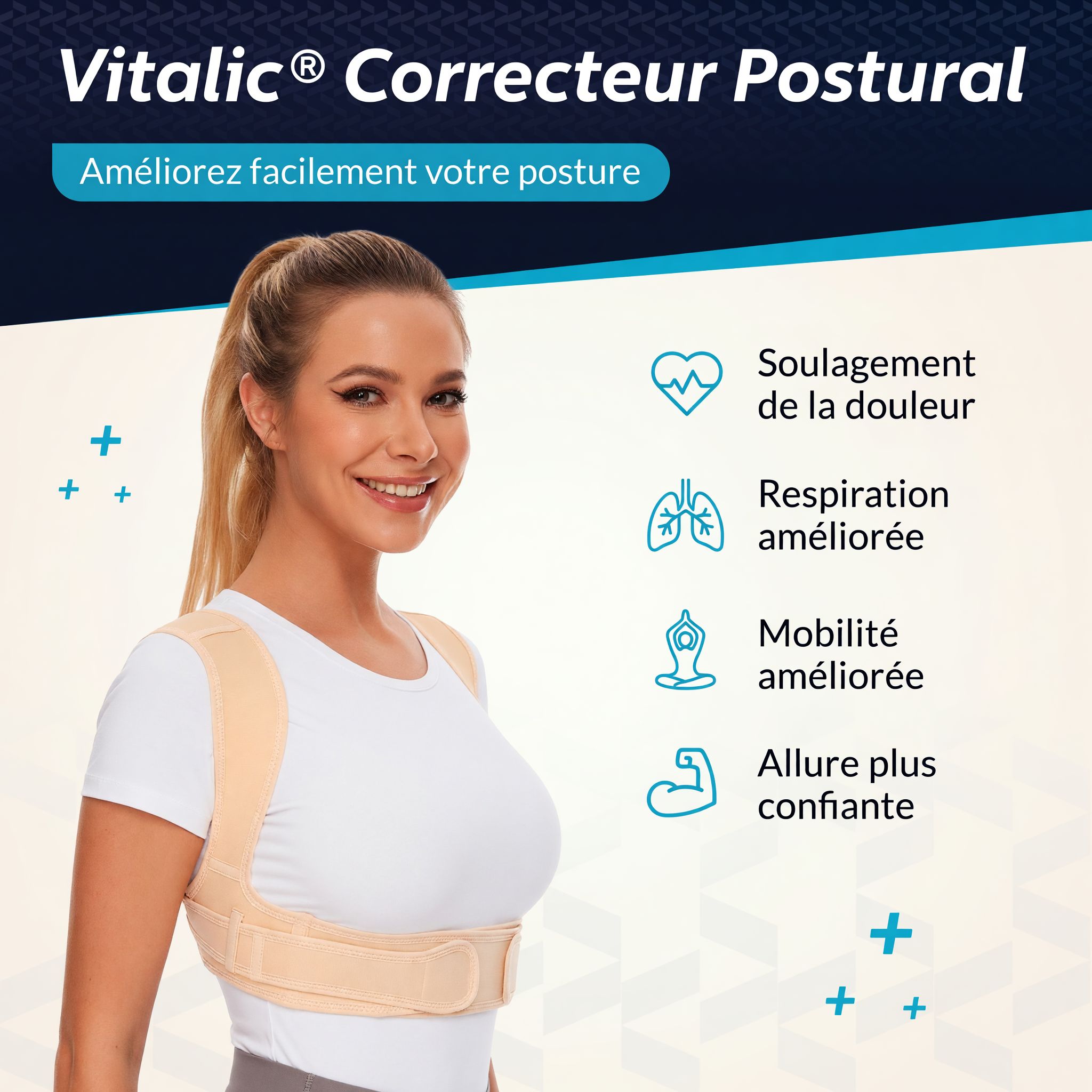 Donna con correttore posturale beige. Testo: VITALIC Corrector Postural. Vantaggi: Sollievo dal dolore, respirazione, mobilità, aspetto sicuro.