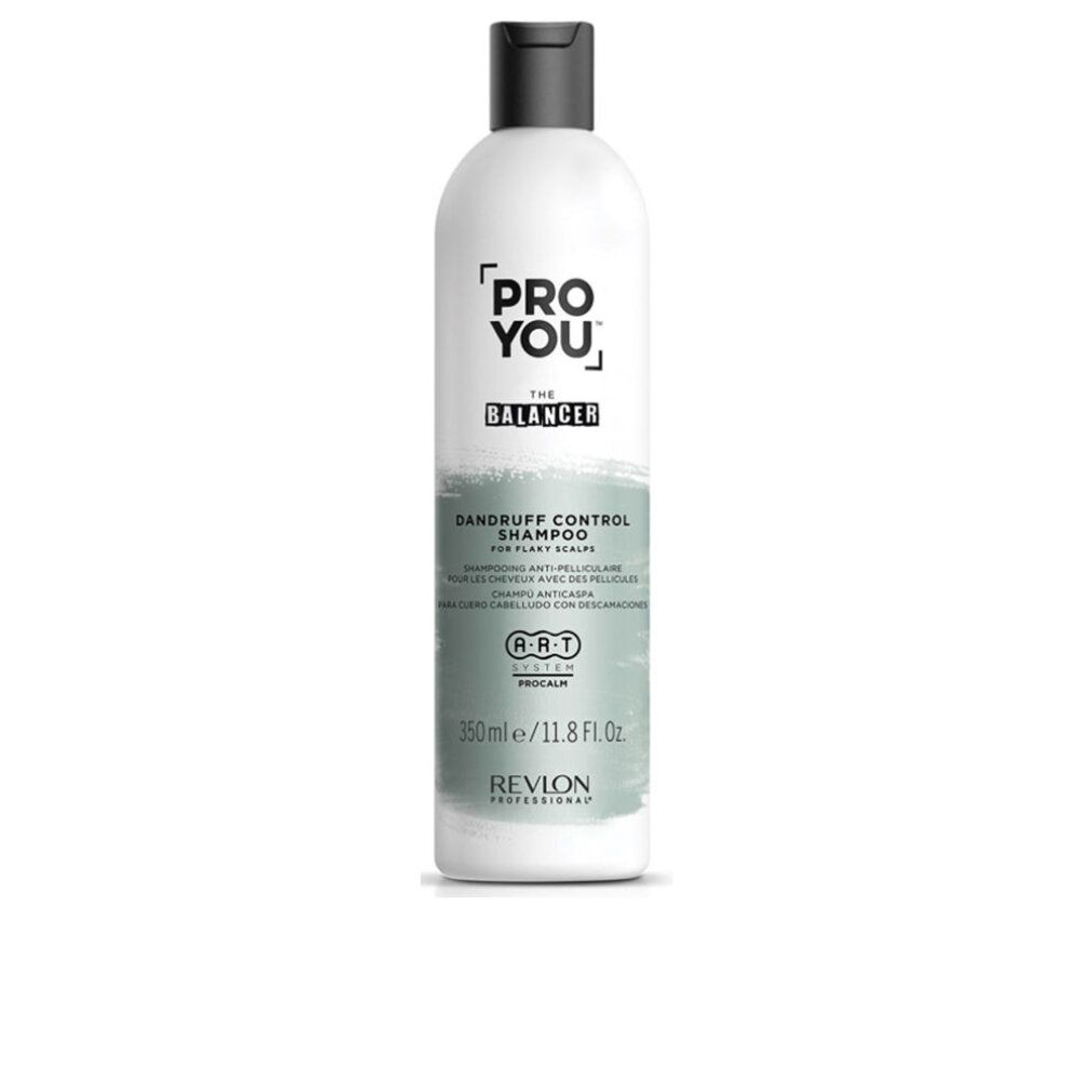 Flacone bianco con tappo nero. Scritta: PRO YOU, THE BALANCER, Shampoo anti-forfora. Revlon Professional.