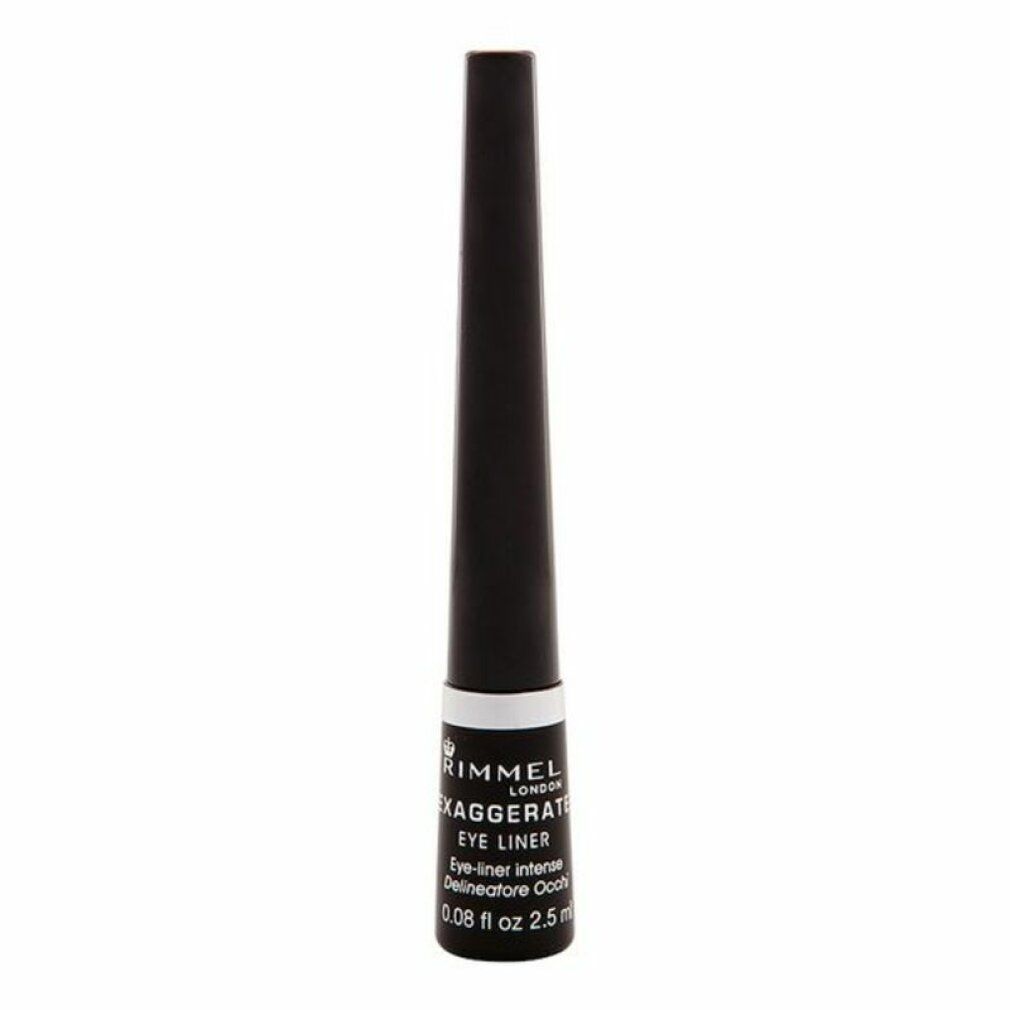 Eyeliner liquido nero. Flacone nero con anello bianco e informazioni sul prodotto. Marchio Rimmel.