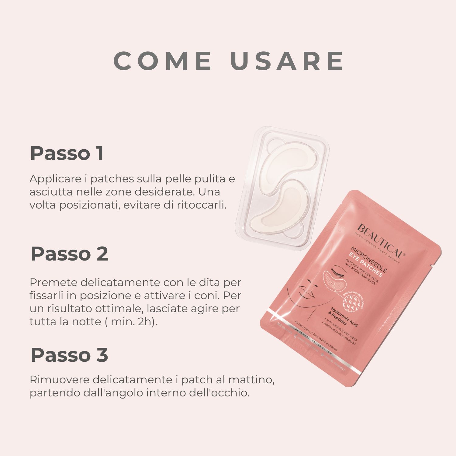 Istruzioni per l'uso dei patch per gli occhi BEAUTICAL Microneedle. Passaggi 1, 2 e 3.