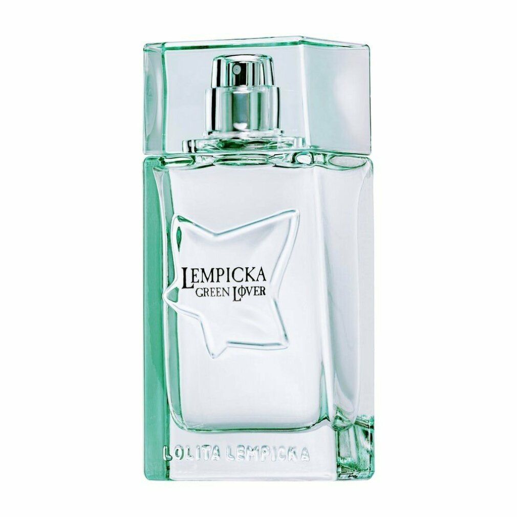 Flacone rettangolare con tappo verde. Scritta: LEMPICKA GREEN LOVER. Design a forma di stella sul flacone.