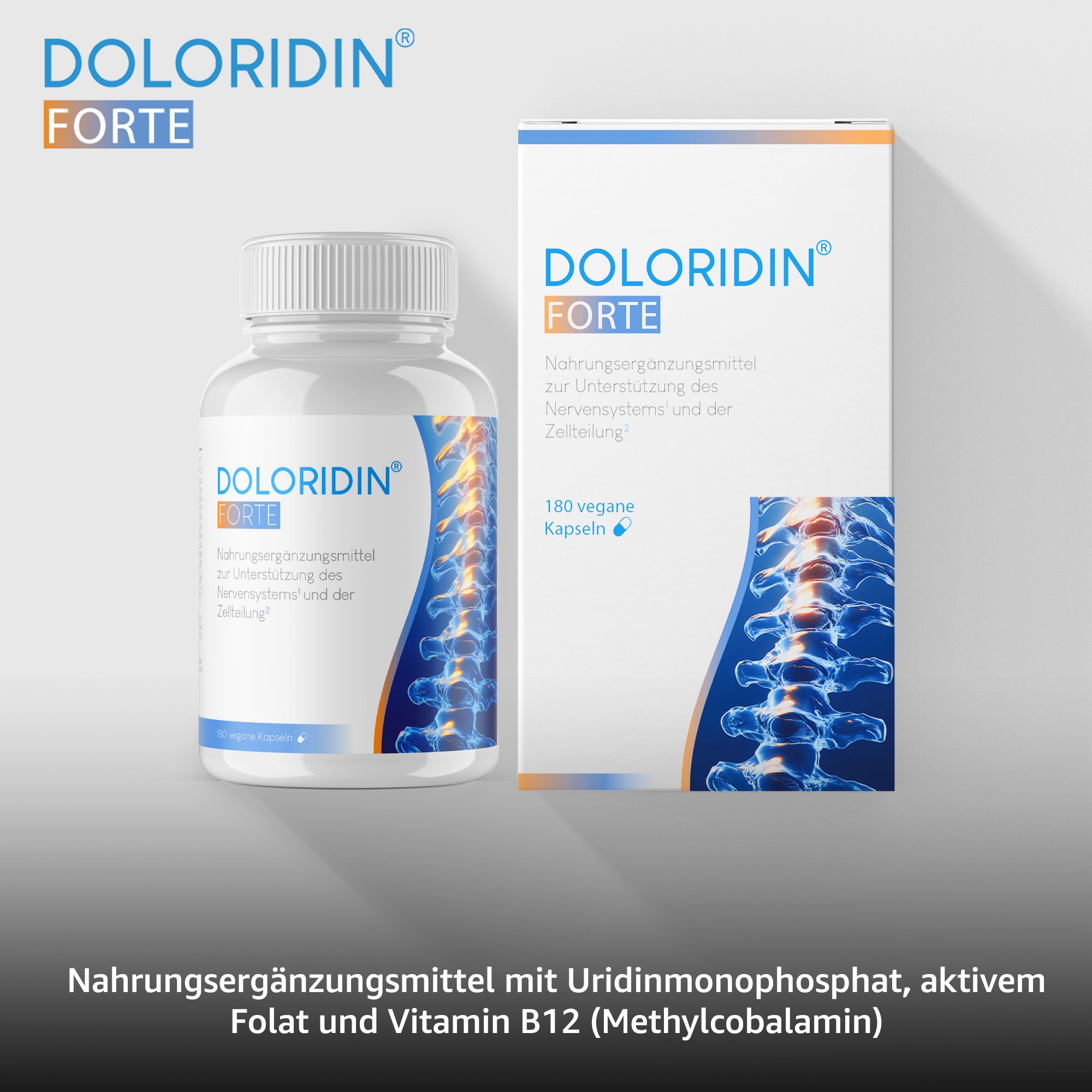 Flacone e scatola Doloridin Forte. 180 capsule vegane. Illustrazione della colonna vertebrale.