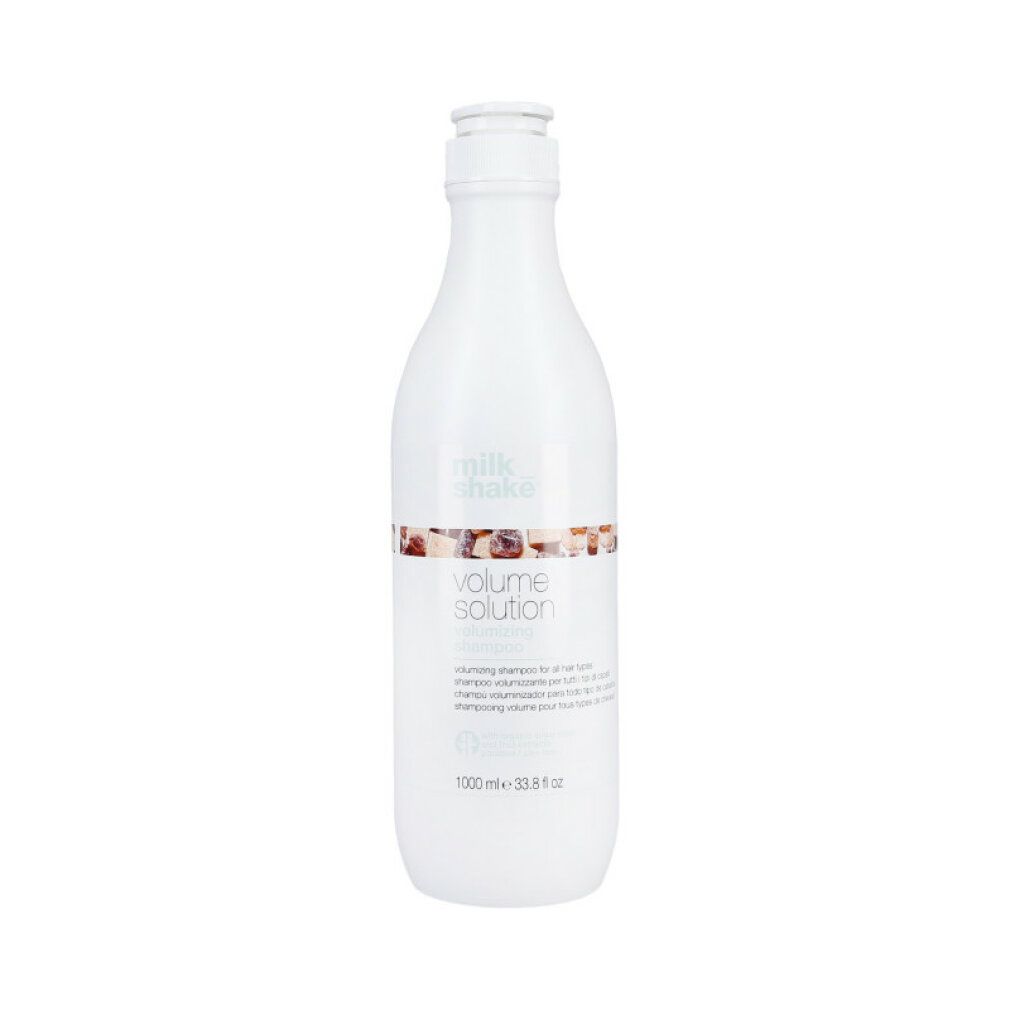 Flacone bianco di shampoo Milk_Shake Volume Solution. Con pompa ed etichetta. Shampoo volumizzante per tutti i tipi di capelli.