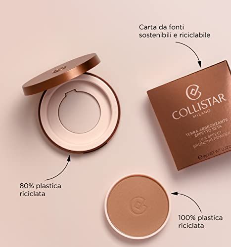 Terra abbronzante, confezione e confezione aperta. Testo: Carta da fonti sostenibili e riciclabile. 80% e 100% plastica riciclata.