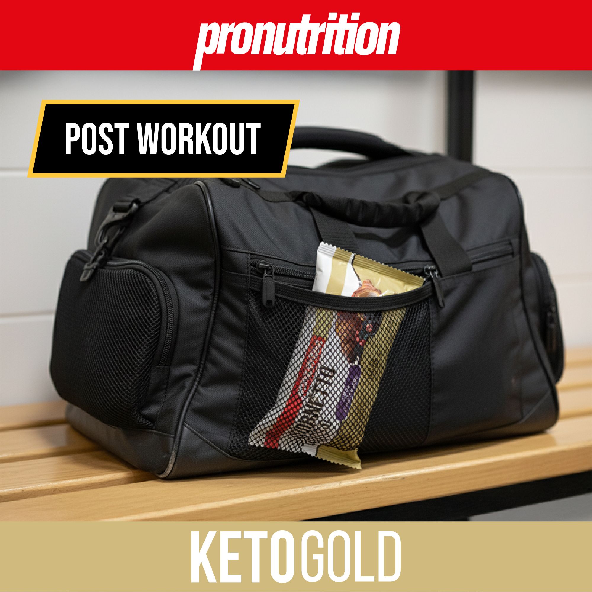 Cornetto Keto in una borsa sportiva. Testo: Post Workout, Keto Gold.