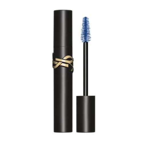 Tubetto mascara nero con logo dorato. Spazzolino blu. Yves Saint Laurent Mascara Lash Clash.
