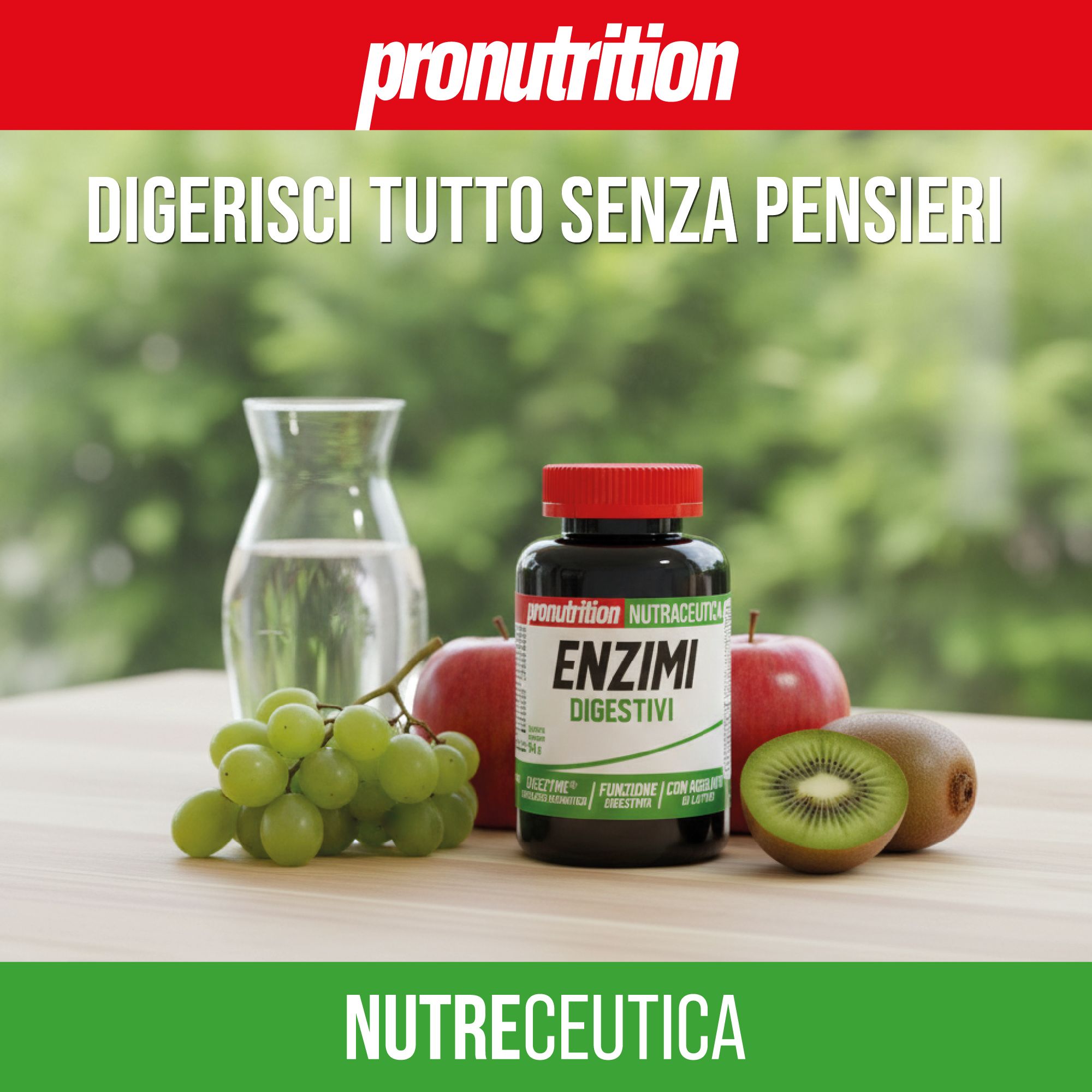 Flacone marrone con tappo rosso. Scritta: Enzimi Digestivi. Accanto, bicchiere d'acqua, uva, mele e kiwi.