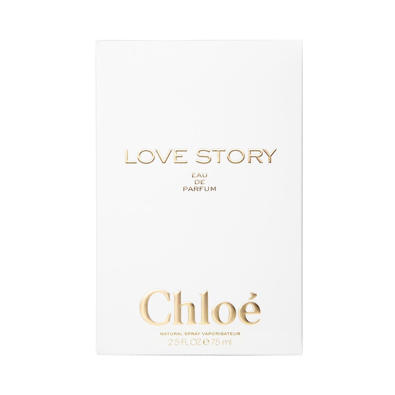 Confezione bianca con scritta dorata: Love Story, Eau de Parfum, Chloé.