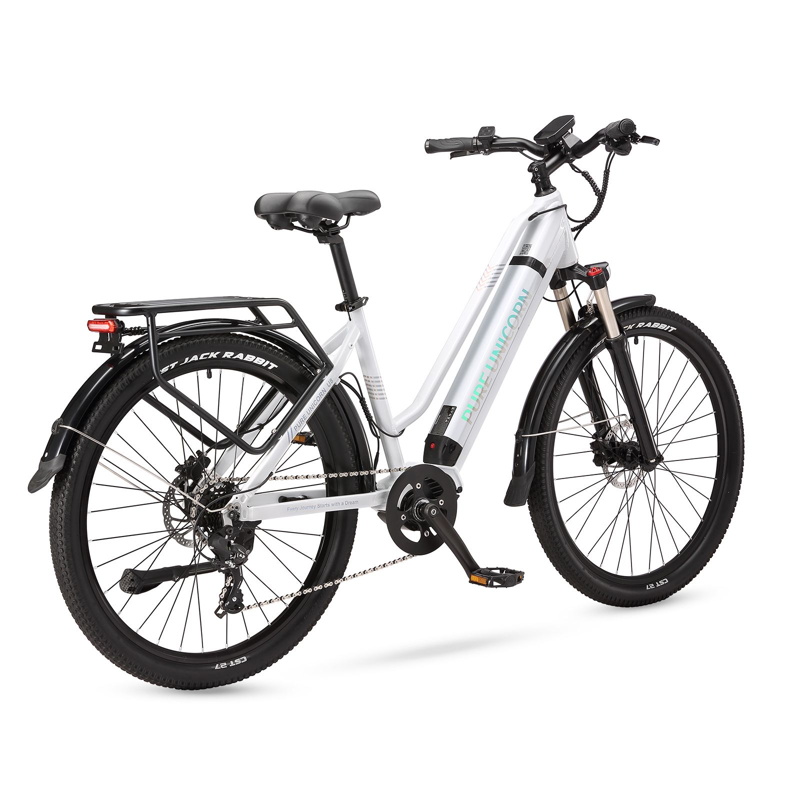 E-bike bianca con pneumatici neri. Scritta: PURE UNICORN. Portapacchi posteriore.