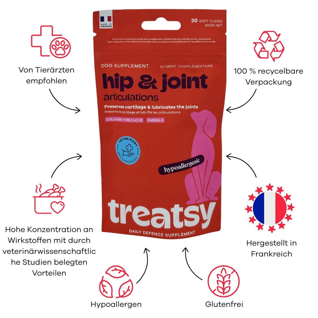 Busta rossa « Hip & Joint » per cani. Testo e loghi. « Imballaggio riciclabile al 100% » e « Prodotto in Francia ».