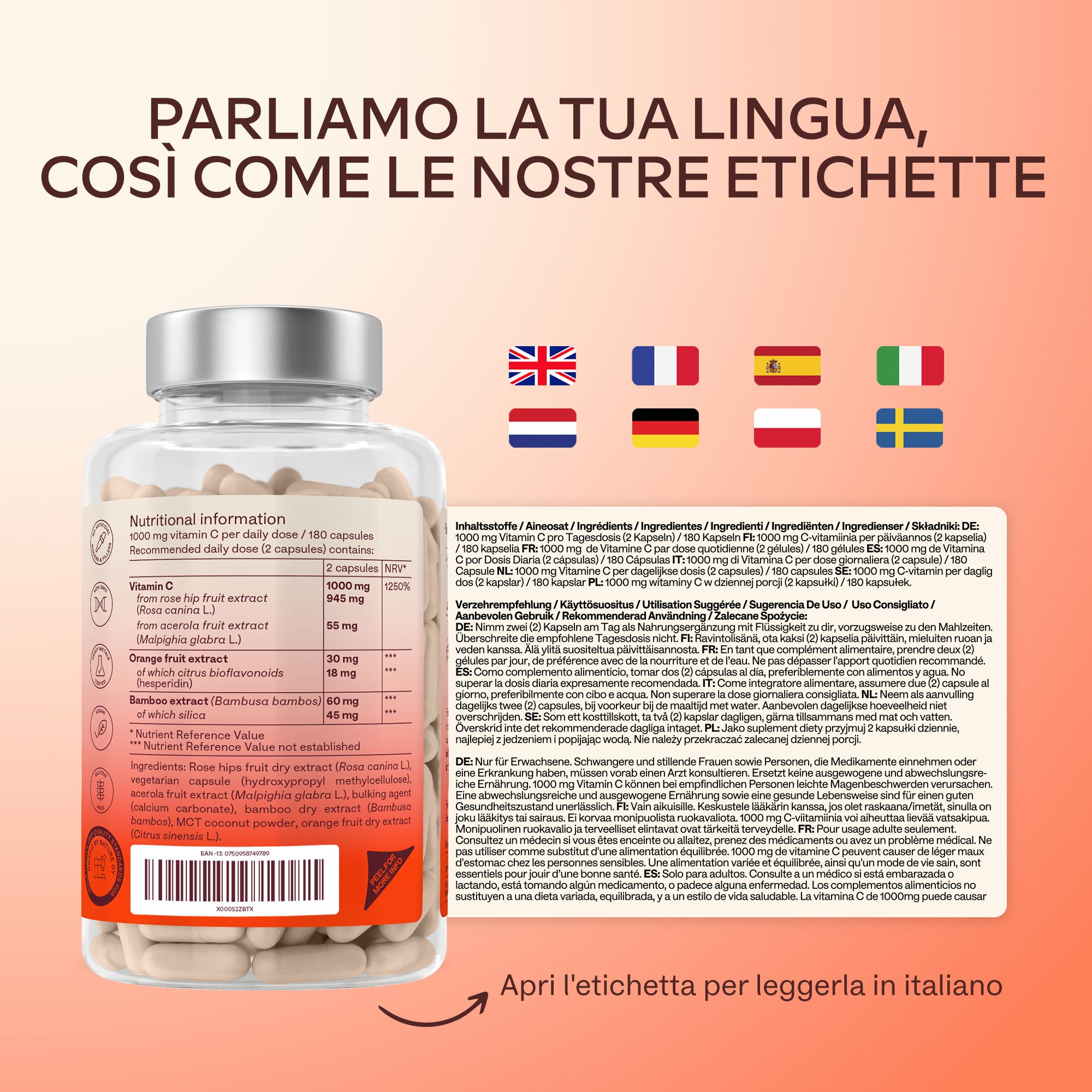 Capsule in una ciotola. Simboli: Vegano, senza glutine, non OGM, ecc.