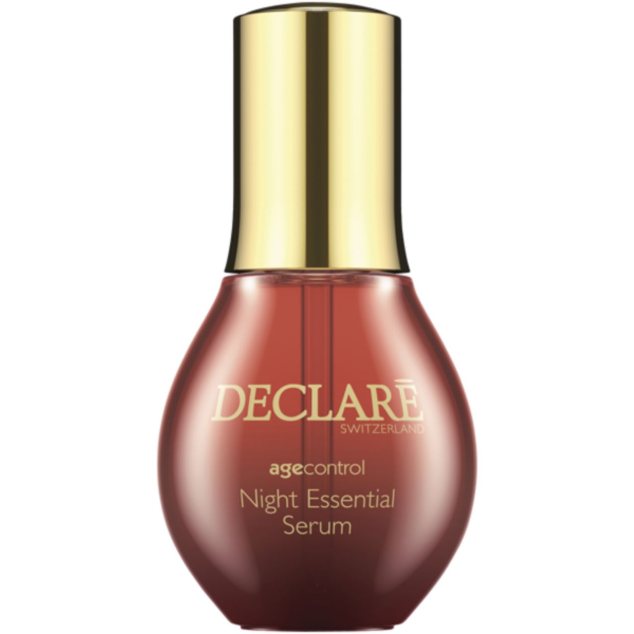 Flacone di siero rosso con tappo dorato. Scritta: DECLARE, agecontrol Night Essential Serum.