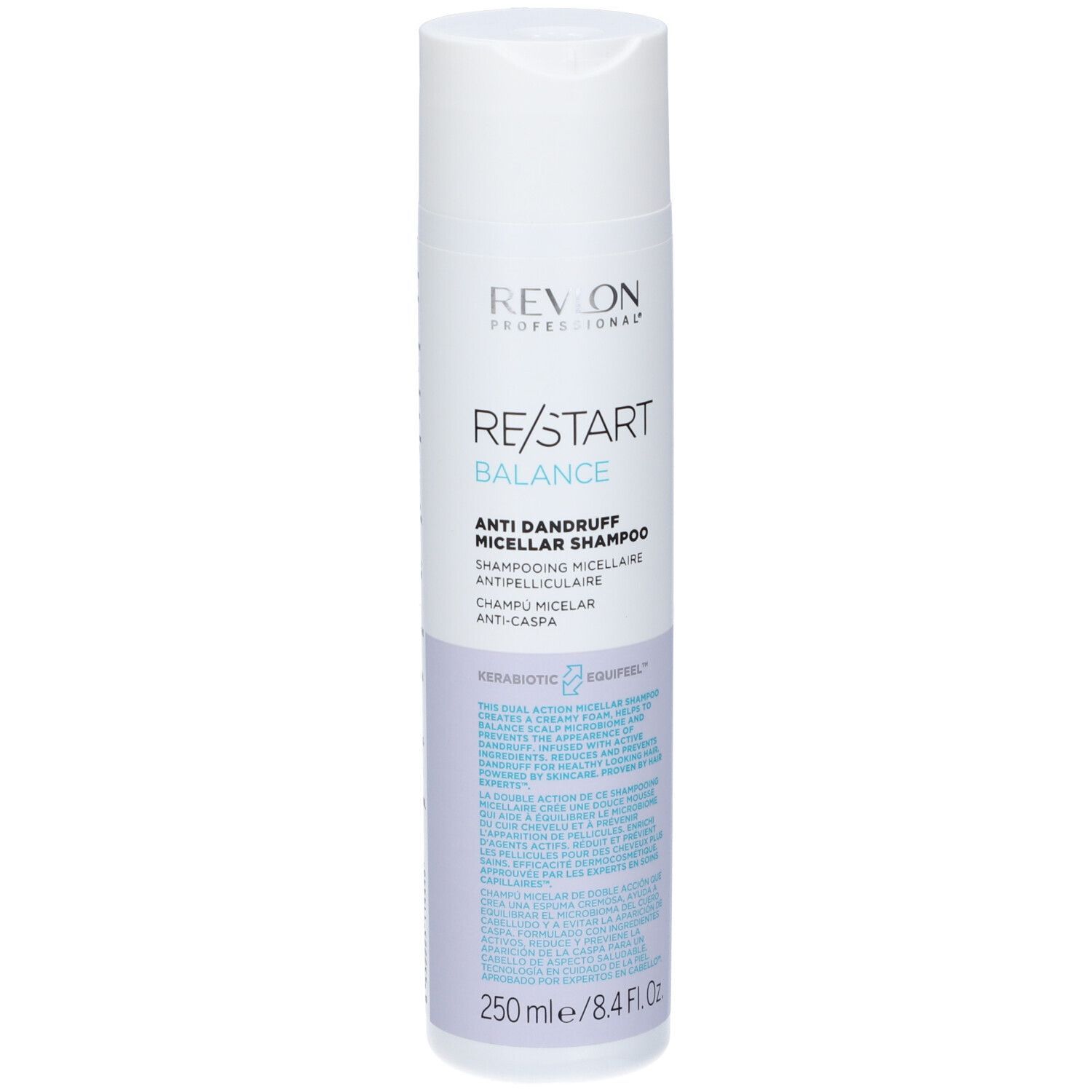 Flacone bianco-blu. Testo: Revlon Professional, Re/Start Balance, Shampoo Micellare Anti-Forfora.
