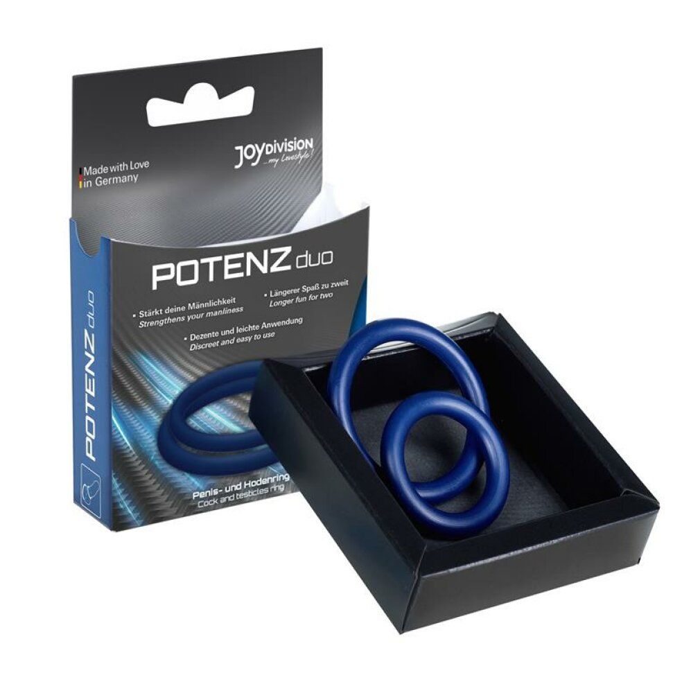 Confezione con due anelli blu per il pene in una scatola nera. Scritta: POTENZduo, joyDivision.